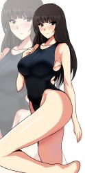 Rule 34 | 1girl, blush, breasts, brown eyes, brown hair, competition swimsuit, girls und panzer, hifumi hajime, highres, large breasts, long hair, looking at viewer, mature female, nishizumi shiho, one-piece swimsuit, solo, standing, standing on one leg, swimsuit, white background
