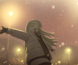 Rule 34 | 1girl, black gloves, black sweater, blonde hair, blurry, blurry background, closed eyes, commentary, depth of field, floating hair, gloves, grey jacket, highres, jacket, lamppost, long hair, night, night sky, open clothes, open jacket, open mouth, original, outdoors, outstretched arms, sky, smile, snowing, solo, spread arms, standing, star (sky), sweater, wasabi60