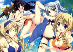 Rule 34 | 10s, 5girls, absurdres, back-to-back, beach, bikini, bikini skirt, black hair, blonde hair, blue eyes, blush, breasts, brown hair, cecilia alcott, charlotte dunois, cleavage, dolphin, eyepatch, eyepatch lift, fang, finger gun, flat chest, frilled bikini, frills, front-tie top, fujima takuya, green eyes, heterochromia, highres, huang lingyin, huge filesize, infinite stratos, inflatable toy, jewelry, large breasts, laura bodewig, legs, long hair, long legs, multiple girls, navel, no eyepatch, ocean, one eye closed, open mouth, pendant, ponytail, purple eyes, red eyes, scan, scan artifacts, shinonono houki, shiny skin, side-tie bikini bottom, silver hair, smile, strap gap, swimsuit, thighs, twintails, very long hair, water, wince, wink, yellow eyes