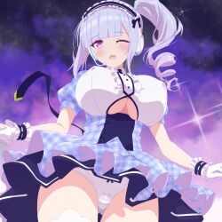 Rule 34 | 1girl, arbiter1, azur lane, breasts, cameltoe, center frills, clothing cutout, covered erect nipples, dido (azur lane), dido (muse) (azur lane), dress, drill hair, framed breasts, frilled cuffs, frilled hairband, frills, from below, gloves, grey hair, hairband, headphones, idol, idol clothes, large breasts, layered dress, long hair, looking at viewer, one eye closed, open mouth, panties, pantyshot, plaid, plaid dress, puffy short sleeves, puffy sleeves, purple eyes, short dress, short sleeves, side ponytail, solo, underboob, underboob cutout, underwear, white gloves, white panties