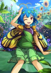 Rule 34 | 1girl, absurdres, antennae, aqua hair, azumi (madogiwa bocchi seki), butterfly wings, day, dress, eternity larva, fairy, field, flower, flower field, green dress, hair between eyes, highres, insect wings, leaf, leaf on head, multicolored clothes, multicolored dress, one eye closed, open mouth, orange eyes, pink flower, purple flower, red flower, short hair, short sleeves, smile, solo, sunflower, sunflower field, touhou, wings, yellow flower