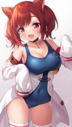 Rule 34 | 1girl, animal ears, azur lane, bare shoulders, black choker, blue one-piece swimsuit, blush, breasts, brown hair, choker, cleavage, collarbone, covered navel, fang, highres, i-19 (azur lane), large breasts, long sleeves, looking at viewer, medium hair, off shoulder, one-piece swimsuit, open mouth, pink eyes, sakuba nao, skin fang, sleeves past fingers, sleeves past wrists, smile, swimsuit, thighhighs, thighs, white thighhighs