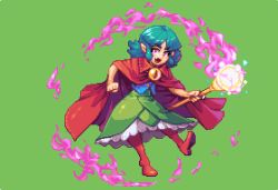 Rule 34 | 1girl, abysswolf, cape, dress, fara, fara &amp; the eye of darkness, fire, green background, green hair, looking at viewer, magic, magical girl, pixel art, purple eyes, solo, wand