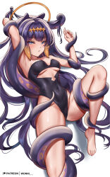 Rule 34 | 1girl, adapted costume, armpits, barefoot, blue eyes, breasts, center opening, covered navel, halo, highleg, highleg swimsuit, highres, hololive, hololive english, long hair, looking at viewer, medium breasts, multicolored hair, ninomae ina&#039;nis, one-piece swimsuit, orange hair, purple hair, solo, swimsuit, tentacle hair, tentacles, underboob, virtual youtuber, wonnikon