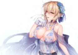 Rule 34 | 1girl, absurdres, artoria pendragon (fate), artoria pendragon (lancer alter) (fate), artoria pendragon (lancer alter) (royal icing) (fate), babydoll, bare shoulders, blonde hair, blue flower, blue ribbon, blue rose, breasts, choker, cleavage, collarbone, commentary request, fate/grand order, fate (series), flower, garter belt, gloves, hair between eyes, hair flower, hair ornament, hair ribbon, highres, hirasawa seiji, jewelry, large breasts, lingerie, long hair, looking at viewer, navel, necklace, official alternate costume, parted lips, ribbon, rose, see-through, simple background, solo, underwear, upper body, white background, white gloves, yellow eyes