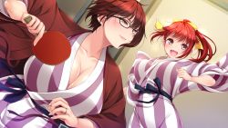 Rule 34 | 2girls, black-framed eyewear, blush, breasts, brown hair, cleavage, floating hair, game cg, glasses, hands up, happy, high ponytail, holding, huge breasts, indoors, japanese clothes, jewelry, kimono, large breasts, long hair, mama x kano+, mature female, mother and daughter, multiple girls, narusawa ayumi, narusawa ritsu, open mouth, original, paddle, ponytail, red eyes, red hair, ring, ryuuki yumi, short hair, smile, standing, striped, table tennis, table tennis paddle, wedding band, wide sleeves, yellow eyes