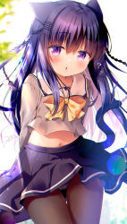 Rule 34 | 1girl, :o, ?, animal ears, bloom, blurry, blush, bokeh, bow, braid, brown pantyhose, cat ears, cat girl, cat tail, chestnut mouth, collarbone, commentary, depth of field, flat chest, hair intakes, hair ornament, hairclip, highres, lens flare, long hair, looking at viewer, midriff, navel, original, panties, panties under pantyhose, panty peek, pantyhose, pleated skirt, purple eyes, purple hair, purple skirt, sasai saji, school uniform, shirt, signature, skirt, solo, striped clothes, striped panties, tail, thigh gap, thighs, tsurime, underwear, white background, white shirt, wind, yellow bow