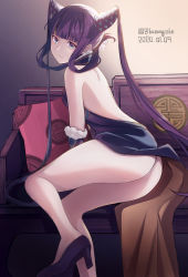 Rule 34 | 1girl, absurdres, ass, back, backless dress, backless outfit, bare shoulders, black dress, blue eyes, blunt bangs, blush, breasts, china dress, chinese clothes, cleavage, cushion, dated, detached sleeves, dress, fate/grand order, fate (series), high heels, highres, karaage bou, large breasts, legs, long hair, looking at viewer, parted lips, purple hair, sidelocks, sitting, smile, solo, twintails, twitter username, yang guifei (fate), yang guifei (second ascension) (fate)