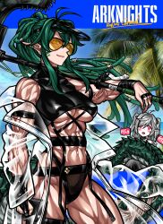 Rule 34 | 2girls, abs, absurdres, ahoge, arknights, bare shoulders, blue sky, breasts, character name, character request, closed mouth, copyright name, covered erect nipples, gavial (arknights), glasses, green hair, grey hair, heart, heart-shaped eyes, highres, holding, holding weapon, large breasts, light smile, multiple girls, muscular, muscular female, over shoulder, palm tree, pointy ears, scales, sky, solo focus, standing, tail, tree, underboob, veins, visor cap, weapon, weapon over shoulder, yotaro