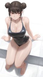 Rule 34 | 1girl, absurdres, bare arms, bare legs, bare shoulders, barefoot, black one-piece swimsuit, blush, breasts, brown eyes, brown hair, cleavage, closed mouth, collarbone, commentary, covered navel, double bun, english commentary, feet, free style (yohan1754), from above, full body, groin, hair bun, hair ribbon, highres, large breasts, legs, looking away, looking to the side, mole, mole under eye, one-piece swimsuit, original, ribbon, short hair, sidelocks, sitting, solo, swimsuit, white ribbon