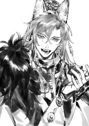 Rule 34 | 1boy, animal ear fluff, animal ears, bishounen, character request, chinese clothes, earrings, fangs, fingernails, fox ears, fur scarf, golden light puppet show, hair between eyes, hair ornament, hanfu, highres, jewelry, jinguang budaixi, layered sleeves, long sleeves, looking at viewer, male focus, necklace, open mouth, ponytail, simple background, sleeves past wrists, smile, solo, stormm, tassel, tassel earrings, teeth, thick eyebrows, upper body, white background