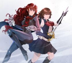 Rule 34 | 2girls, ascot, biker clothes, bikesuit, black gloves, black skirt, bodysuit, brown hair, cosplay, costume switch, gloves, in-franchise crossover, kirijou mitsuru, kirijou mitsuru (cosplay), long hair, multiple girls, niijima makoto, niijima makoto (cosplay), persona, persona 3, persona 3 reload, persona 5, rapier, red ascot, red hair, sarcii, short hair, shoulder spikes, skirt, spiked knuckles, spikes, sword, wavy hair, weapon, white gloves