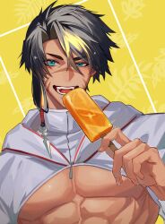 Rule 34 | 1boy, abs, absurdres, bara, black hair, blonde hair, blue eyes, cropped shirt, dark-skinned male, dark skin, facial scar, fate/grand order, fate (series), food, hair between eyes, haruakira, highres, holding, holding food, holding ice cream, huang feihu (fate), ice cream, looking at viewer, male focus, multicolored hair, muscular, muscular male, no nipples, scar, scar on cheek, scar on face, scar on nose, seductive smile, short hair with long locks, single sidelock, smile, solo, streaked hair, thick eyebrows, underpec