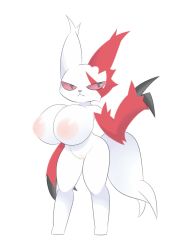 Rule 34 | 1girl, animal ears, black eyes, breasts, claws, colored sclera, creatures (company), egnahcio, female focus, full body, furry, furry female, game freak, gen 3 pokemon, half-closed eyes, hand up, highres, huge breasts, inverted nipples, jpeg artifacts, looking to the side, nintendo, nipples, nude, personification, pokemon, pokemon (creature), pussy, red sclera, simple background, solo, standing, tail, uncensored, white background, zangoose