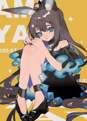 Rule 34 | 1girl, absurdres, adapted costume, ahoge, amiya (arknights), animal ear fluff, animal ears, ankle cuffs, arknights, black dress, black footwear, black nails, blue eyes, blush, brown hair, rabbit ears, character name, closed mouth, commentary, dated, dress, eyelashes, full body, highres, knees to chest, legs together, lips, long hair, looking at viewer, nail polish, off-shoulder dress, off shoulder, orange background, shoes, simple background, sitting, solo, symbol-only commentary, taowu (20809)