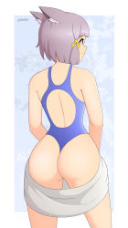 Rule 34 | 1girl, absurdres, alternate costume, animal ears, ass, bare shoulders, cat ears, from behind, hair ribbon, highres, huge ass, lackatask, leotard, looking away, niyah, one-piece swimsuit, orange eyes, ribbon, shiny skin, short hair, silver hair, smile, solo, swimsuit, thong, thong leotard, xenoblade chronicles (series), xenoblade chronicles 2