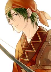 Rule 34 | 1boy, bandana, bow, bow (weapon), earrings, fire emblem, fire emblem: the blazing blade, green eyes, green hair, jewelry, kiyuu, looking at viewer, male focus, nintendo, rath, rath (fire emblem), simple background, solo, weapon