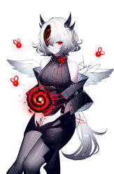 Rule 34 | 1girl, absurdres, apollyon (the binding of isaac), bare shoulders, black dress, bug, commentary request, dress, fly, genderswap, genderswap (mtf), grey hair, grey pantyhose, hair over one eye, highres, horns, insect, long hair, looking at viewer, off shoulder, pantyhose, red eyes, sheya, simple background, sleeveless, sleeveless dress, solo, the binding of isaac, very long hair, white background