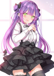 Rule 34 | 1girl, :d, black bow, black skirt, black thighhighs, blush, bow, commentary request, cowboy shot, demon tail, ear bow, fang, green eyes, hair bow, highres, hololive, layered skirt, long hair, long sleeves, looking at viewer, nail polish, open mouth, purple hair, shirt, skirt, smile, solo, standing, steepled fingers, suspender skirt, suspenders, tail, thighhighs, tokoyami towa, two side up, virtual youtuber, white shirt, yuano