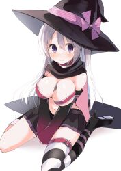 Rule 34 | 1girl, animal collar, armpit crease, asymmetrical legwear, ayachi nene, bare shoulders, belt bra, black cloak, black hat, black skirt, black sleeves, blush, bow, breasts, cleavage, cloak, collar, commentary, curvy, detached sleeves, double-parted bangs, eyelashes, eyes visible through hair, frown, full body, hair between eyes, hat, hat bow, hat ribbon, highres, jewelry, large breasts, long hair, long sleeves, looking at viewer, miniskirt, mismatched legwear, necklace, open mouth, own hands together, pink bow, pink collar, pink ribbon, pleated skirt, purple eyes, ribbon, sanoba witch, shy, simple background, single thighhigh, sitting, skirt, solo, striped clothes, striped thighhighs, takepoison, tears, thighhighs, thighs, v arms, very long hair, wariza, white background, white hair, wide sleeves, witch hat