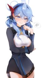 Rule 34 | 1girl, absurdres, ako (blue archive), bell, black hairband, black jacket, black skirt, blue archive, blue eyes, blue hair, blue halo, blush, breasts, closed mouth, cowboy shot, hair between eyes, hairband, halo, highres, jacket, large breasts, long hair, long sleeves, looking at viewer, neck bell, onmoynn, shirt, sideboob, simple background, skirt, solo, spoken squiggle, squiggle, white background, white shirt
