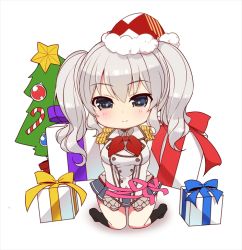 Rule 34 | 10s, 1girl, blue eyes, blush, bound, breasts, chibi, epaulettes, gift, hat, kantai collection, kashima (kancolle), kneeling, large breasts, long hair, looking at viewer, military, military uniform, ribbon, santa hat, silver hair, skirt, sleeves past wrists, smile, solo, tied up (nonsexual), twintails, uniform, yuncha