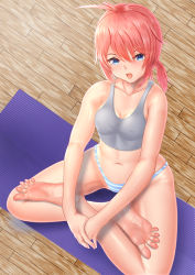 Rule 34 | 1girl, absurdres, ahoge, barefoot, blue eyes, feet, highres, long hair, looking at viewer, mat, open mouth, panties, pink hair, sitting, soles, sports bra, striped clothes, striped panties, toes, underwear