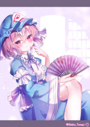 Rule 34 | 1girl, adako yunagi, blue headwear, blue kimono, blush, closed mouth, commentary request, folding fan, frilled kimono, frills, hand fan, highres, holding, holding fan, japanese clothes, kimono, long sleeves, looking at viewer, pink eyes, saigyouji yuyuko, signature, smile, solo, touhou, twitter username, wide sleeves