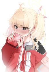 Rule 34 | 1girl, absurdres, ahoge, blonde hair, bloom, blue archive, blush, box, box of chocolates, grey eyes, hair ribbon, halo, hands up, highres, holding, holding box, hood, hooded jacket, jacket, looking at viewer, mookie (e mook9), red bag, red jacket, ribbon, simple background, sleeves past wrists, solo, track jacket, twintails, upper body, valentine, white background, white ribbon, yoshimi (blue archive)