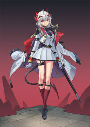 Rule 34 | 1girl, ahoge, alternate costume, antennae, arknights, black background, black footwear, breasts, chinese commentary, commentary request, crossed legs, full body, gloves, gradient background, grin, highres, horns, jacket, jacket on shoulders, kneehighs, long sleeves, miniskirt, pleated skirt, red background, red eyes, red socks, scabbard, sheath, shoes, short hair, silver hair, sima naoteng, skirt, small breasts, smile, socks, solo, standing, thigh strap, thighs, w (arknights), watson cross, white gloves, white jacket, white skirt