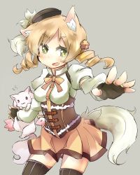 Rule 34 | 10s, 1girl, animal ears, beret, blonde hair, brown thighhighs, corset, cowboy shot, detached sleeves, drill hair, fang, fingerless gloves, fox ears, fox tail, gloves, grey background, hair ornament, hairpin, hat, kemonomimi mode, kyubey, magical girl, mahou shoujo madoka magica, mahou shoujo madoka magica (anime), pleated skirt, puffy sleeves, simple background, skirt, smile, striped clothes, striped thighhighs, tail, thighhighs, tomcat (moconeko), tomoe mami, twin drills, twintails, underbust, vertical-striped clothes, vertical-striped thighhighs, yellow eyes
