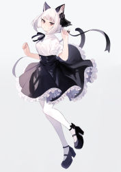 Rule 34 | 1girl, animal ears, black footwear, black skirt, blunt bangs, bob cut, brown eyes, cat ears, cat girl, cat tail, commentary, finger ribbon, frilled skirt, frills, full body, grey background, high heels, looking at viewer, neck ribbon, original, pantyhose, ribbon, short hair, shugao, simple background, skirt, solo, symbol-only commentary, tail, white hair, white pantyhose