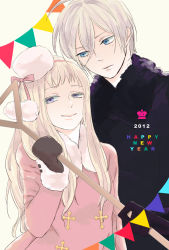 Rule 34 | 10s, 1boy, 1girl, 2012, axis powers hetalia, bad id, bad pixiv id, belarus (hetalia), black gloves, blonde hair, blue eyes, bow, brother and sister, coat, colored eyelashes, cross, crown, english text, fur trim, genderswap, genderswap (ftm), genderswap (mtf), gloves, hairband, hat, hat bow, head tilt, holding, holding up, long hair, looking at another, looking at viewer, mini hat, mittens, nanno, new year, overcoat, purple eyes, russia (hetalia), shovel, siblings, text focus, worktool