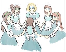 Rule 34 | 6+girls, apron, back, blonde hair, blue dress, blue eyes, bow, brown hair, circle formation, dress, friends, green eyes, happy, holding hands, long hair, looking at another, looking at viewer, maid, maid apron, maid headdress, multiple girls, original, ponytail, short hair, simple background, smile, tostandout, twintails