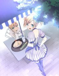 Rule 34 | 1boy, 1girl, bad id, bad pixiv id, blonde hair, blue thighhighs, brother and sister, chopsticks, food, formal, from above, hair ornament, hairclip, hand on own hip, highres, kagamine len, kagamine rin, kiya machi, looking at viewer, looking back, perspective, short hair, shrimp, shrimp tempura, siblings, sitting, smile, striped, tempura, thighhighs, tray, twins, twintails, vocaloid, waitress, zettai ryouiki