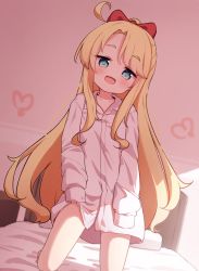 Rule 34 | 1girl, :d, absurdres, ahoge, blonde hair, blue eyes, blush, bow, collarbone, collared shirt, commentary request, dress shirt, hair bow, heart, highres, himesaka noa, indoors, kneeling, long hair, long sleeves, looking at viewer, on bed, open mouth, oversized clothes, oversized shirt, parted bangs, pillow, ponytail, red bow, setmen, shirt, sleeves past wrists, smile, solo, very long hair, watashi ni tenshi ga maiorita!, white shirt