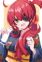 Rule 34 | 1girl, ahoge, amai nekuta, asami makiko (heaven burns red), blue kimono, blush, bottle, choko (cup), commentary, cup, eyepatch, hair over shoulder, heaven burns red, holding, holding bottle, holding cup, japanese clothes, kimono, long hair, long sleeves, looking at viewer, obi, one eye covered, open mouth, ponytail, red hair, sash, sidelocks, solo, tokkuri, upper body, wide sleeves, yellow eyes