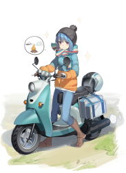 Rule 34 | 1girl, absurdres, beanie, blue hair, boots, brown footwear, chinese commentary, cloud, commentary request, denim, fire, gloves, grass, hat, unworn headwear, helmet, unworn helmet, highres, jacket, long hair, long sleeves, looking at viewer, motor vehicle, mount fuji, mountain, multicolored clothes, multicolored scarf, pants, pout, purple eyes, scarf, scooter, shima rin, smoke, solo, speech bubble, standing, star (symbol), tent, vehicle request, white background, yurucamp, zhimalin da