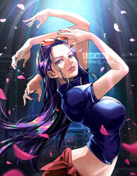 Rule 34 | 1girl, black hair, breasts, crop top, extra arms, eyewear on head, from side, hana hana no mi, large breasts, long hair, looking at viewer, midriff, moroi, nail polish, nico robin, one piece, partially unzipped, petals, short sleeves, side-tie skirt, smile, sunglasses, twitter username