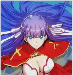 Rule 34 | 1girl, aoba (smartbeat), blue eyes, blunt bangs, breasts, capelet, center opening, cleavage, fate/grand order, fate (series), hair ribbon, large breasts, long hair, looking at viewer, martha (fate), purple hair, red capelet, ribbon, smile, solo
