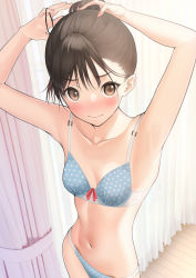 Rule 34 | 1girl, armpits, arms up, bare arms, bare shoulders, blue bra, blue panties, blush, bra, breasts, brown eyes, brown hair, closed mouth, collarbone, cowboy shot, curtains, hair tie, highres, looking at viewer, mottsun (i 40y), navel, original, panties, polka dot, polka dot bra, polka dot panties, ponytail, short hair, small breasts, solo, stomach, tying hair, underwear, underwear only, v-shaped eyebrows