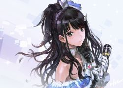 Rule 34 | 1girl, bare shoulders, black eyes, black hair, commentary, dress, frilled dress, frills, hair ornament, idolmaster, idolmaster shiny colors, infukun, kazano hiori, long hair, microphone, mole, mole under mouth, sketch, solo, upper body