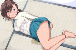Rule 34 | 1girl, aqua eyes, aqua necktie, aqua skirt, barefoot, bdsm, blush, bondage, bound, bound ankles, bound wrists, breasts, brown hair, drooling, embarrassed, feet, female focus, full body, gegege no kitarou, hair between eyes, hair ornament, hairclip, half-closed eyes, indoors, inuyama mana, legs together, long sleeves, lying, medium breasts, miniskirt, muroi (fujisan0410), necktie, nose blush, on side, open mouth, peeing, peeing self, pleated skirt, puddle, rolling eyes, rope, saliva, shiny skin, shirt, short hair, skirt, solo, squiggle, sweat, tears, teeth, trembling, twintails, wet, wet clothes, white shirt