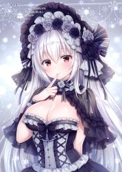 Rule 34 | 1girl, absurdres, arm behind back, black capelet, black dress, black flower, black rose, blush, breasts, capelet, cleavage, closed mouth, dress, finger to mouth, fingernails, flower, frilled cuffs, frilled dress, frills, gothic lolita, grey flower, grey rose, hair between eyes, hair flower, hair ornament, hand up, head tilt, headdress, highres, index finger raised, large breasts, lolita fashion, long hair, looking at viewer, mitsuba choco, original, red eyes, rose, scan, see-through, sidelocks, silver hair, simple background, sleeveless, sleeveless dress, smile, snowflakes, solo, strapless, strapless dress, upper body, white flower, wrist cuffs