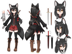 Rule 34 | 1girl, animal ear fluff, animal ears, belt, black hair, black jacket, black thighhighs, boots, brown footwear, cross-laced footwear, expressionless, fang, fox ears, fox girl, full body, gauntlets, hair ribbon, horokusa (korai), jacket, jitome, lace-up boots, long hair, long sleeves, multiple views, original, parted lips, ponytail, red skirt, ribbon, scabbard, sheath, sheathed, shirt, short sword, simple background, single gauntlet, skirt, smile, sword, thighhighs, weapon, weapon on back, white background, yellow eyes, zettai ryouiki