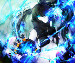 Rule 34 | 1girl, absurdres, bikini, bikini top only, black bikini, black gloves, black hair, black rock shooter, black rock shooter: dawn fall, black rock shooter (character), blue eyes, breasts, cleavage, closed mouth, flaming eye, floating hair, gloves, hair between eyes, highres, k y z, long hair, looking at viewer, midriff, navel, small breasts, solo, standing, stomach, swimsuit, twintails, upper body, very long hair