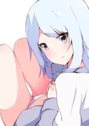Rule 34 | 1girl, blue eyes, blue hair, enelis, idolmaster, idolmaster million live!, idolmaster million live! theater days, light blue hair, long hair, looking at viewer, looking back, own hands together, panties, shiraishi tsumugi, sitting, solo, thighs, underwear, white panties