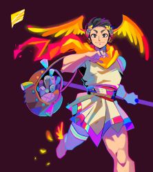 Rule 34 | 1boy, ancient greek clothes, bag, black background, black eyes, black hair, blush, cape, chiton, denaseey, earrings, hades (series), hades 1, head wings, hermes (hades), highres, holding, jewelry, male focus, running, scroll, short hair, shoulder bag, simple background, smile, solo, tassel, toga, wings