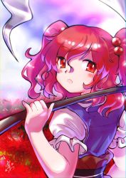 Rule 34 | 1girl, :o, blade, facing viewer, flower, highres, holding, holding weapon, onozuka komachi, open mouth, polearm, red eyes, red hair, scythe, short twintails, spider lily, touhou, twintails, weapon, yumemizawazawa
