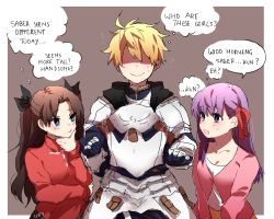 Rule 34 | 1boy, 2girls, ?, armor, arthur pendragon (fate), black bow, blue eyes, bow, brown background, confused, english text, fate/grand order, fate/prototype, fate/stay night, fate (series), hair bow, hair ribbon, highres, himey, long hair, long sleeves, looking at another, matou sakura, multiple girls, open mouth, purple eyes, purple hair, red ribbon, ribbon, shaded face, short hair, siblings, sisters, sketch, smile, sweat, thought bubble, tohsaka rin, twintails, two side up